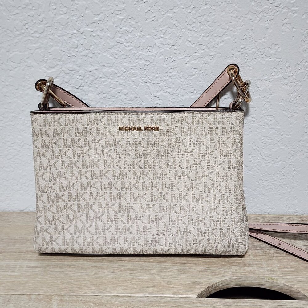 Michael Kors Beige Logo Triple Compartment Crossbody Bag w/Pink Accents